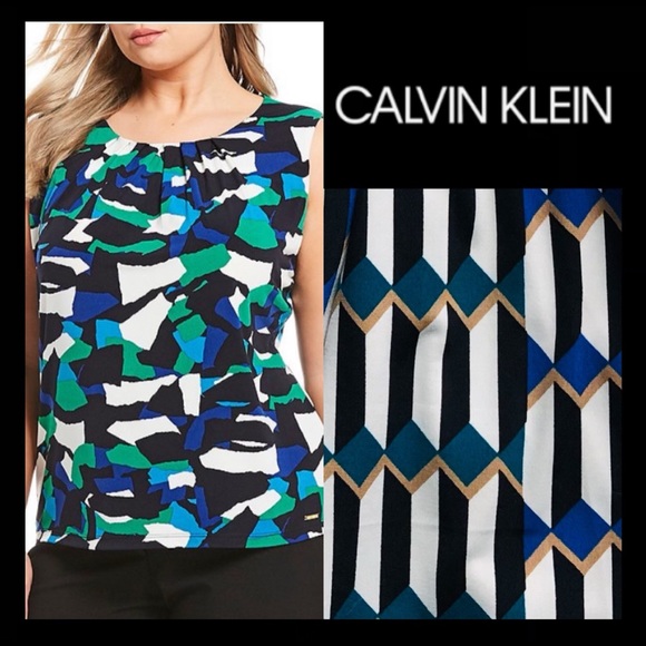 CALVIN KLEIN Plus Sz Abstract Matte Jersey Top - Picture 1 of 8